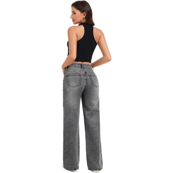 Women's Wide Leg Denim Jeans High Waist Baggy Stretchy Raw Hem Casual - Picture 6 of 6